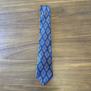 Vintage Gio Brassero Men's Tie Red Navy Blue Diamond Geometric Silk Made in USA